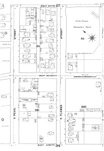 Maps, like the one above, were created by the Sanborn Map Company of New York to assist fire insurance agents determine the hazards associated with particular properties. As a result, they provide detailed information about the types of buildings in an area over a long period of time. The first Sanborn maps of Los Angeles date from 1888 and were published intermittently until the 1970s. The page above shows the blocks between 6th and 8th Street at Pearl (now Figueroa) and Flower in downtown LA in 1888. At the time, the area was largely residential, made up of single family homes, a couple of schools, livery stables for horses and a baseball field. Sanborn maps are available from the Los Angeles Public Library which also provides wonderfully clear instructions on how to find an area of interest. The maps have been digitized, but they are best appreciated in hard copy. The colors are an important part of the coding system and this information is lost in the black and white scan. In addition, the map creators frequently pasted new building outlines onto older maps and these details are also not well captured by the digital version.